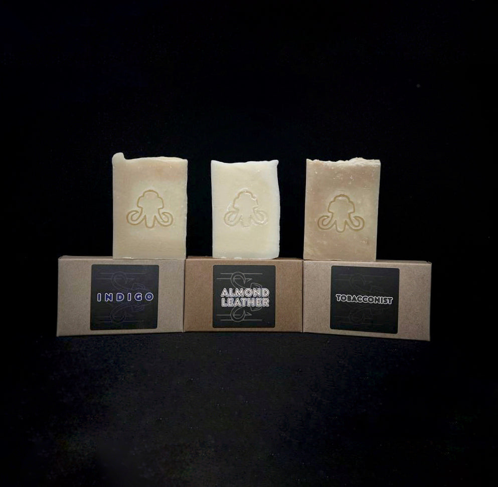 Indigo, Almond Leather, and Tobacconist bath soaps